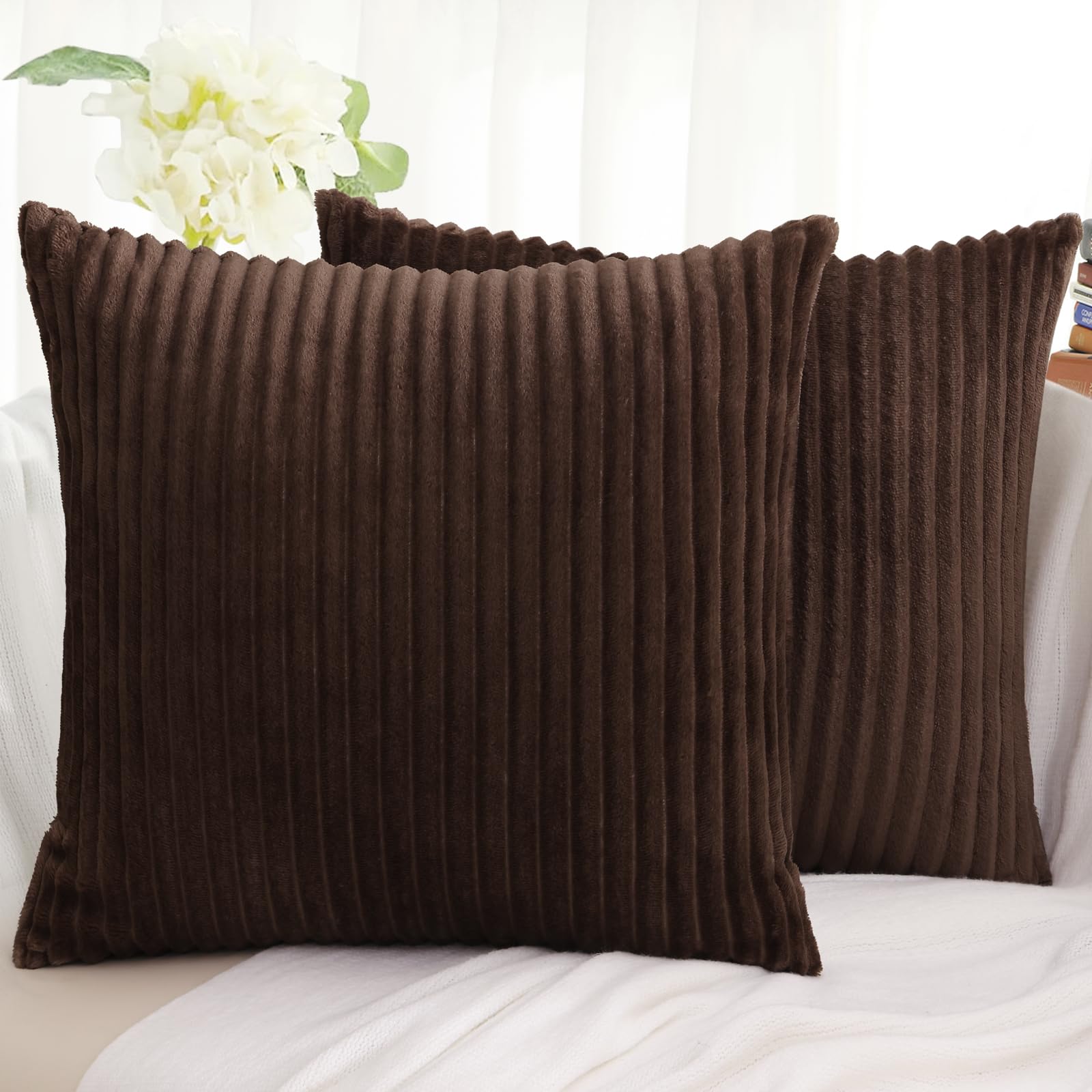 Photo 1 of Simmore Decorative Throw Pillow Covers 20x20 Set of 2, Soft Natural Plush Flannel Double-Sided Fluffy Couch Pillow Covers for Sofa Living Room, Brown