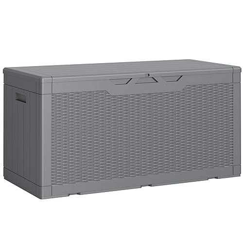 Greesum 100 Gallon Resin Deck Box Lockable Large Outdoor Storage Boxes for Garden Tools, Patio Furniture Cushions, Pool Supplies, Gray