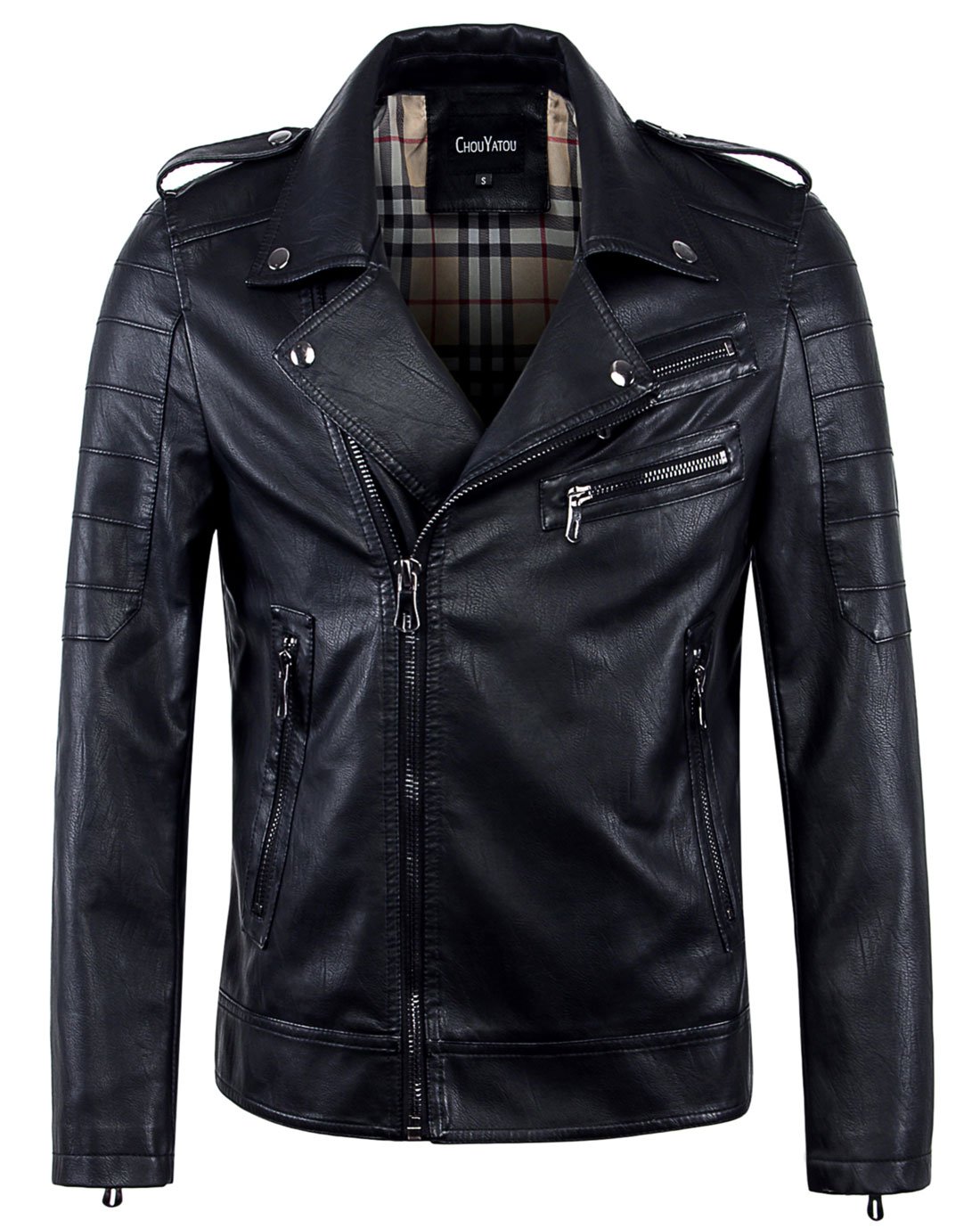 Photo 1 of ****has a little damage******* chouyatou Men's Vintage Asymmetric Zip Lightweight Faux Leather Biker Jacket (Large, Black)