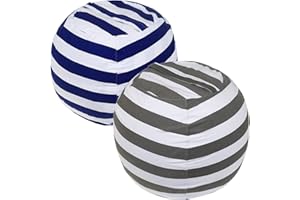 DEELF OUTLET 2 Packs Stuffed Animal Storage Beanbag Cover 24" Bean Bag Storage for Kids Girs Boys Room Toys Organizer Heavy-duty Zipper Bean Bag Chair Covers Only Grey Blue White Stripes Cotton Canvas