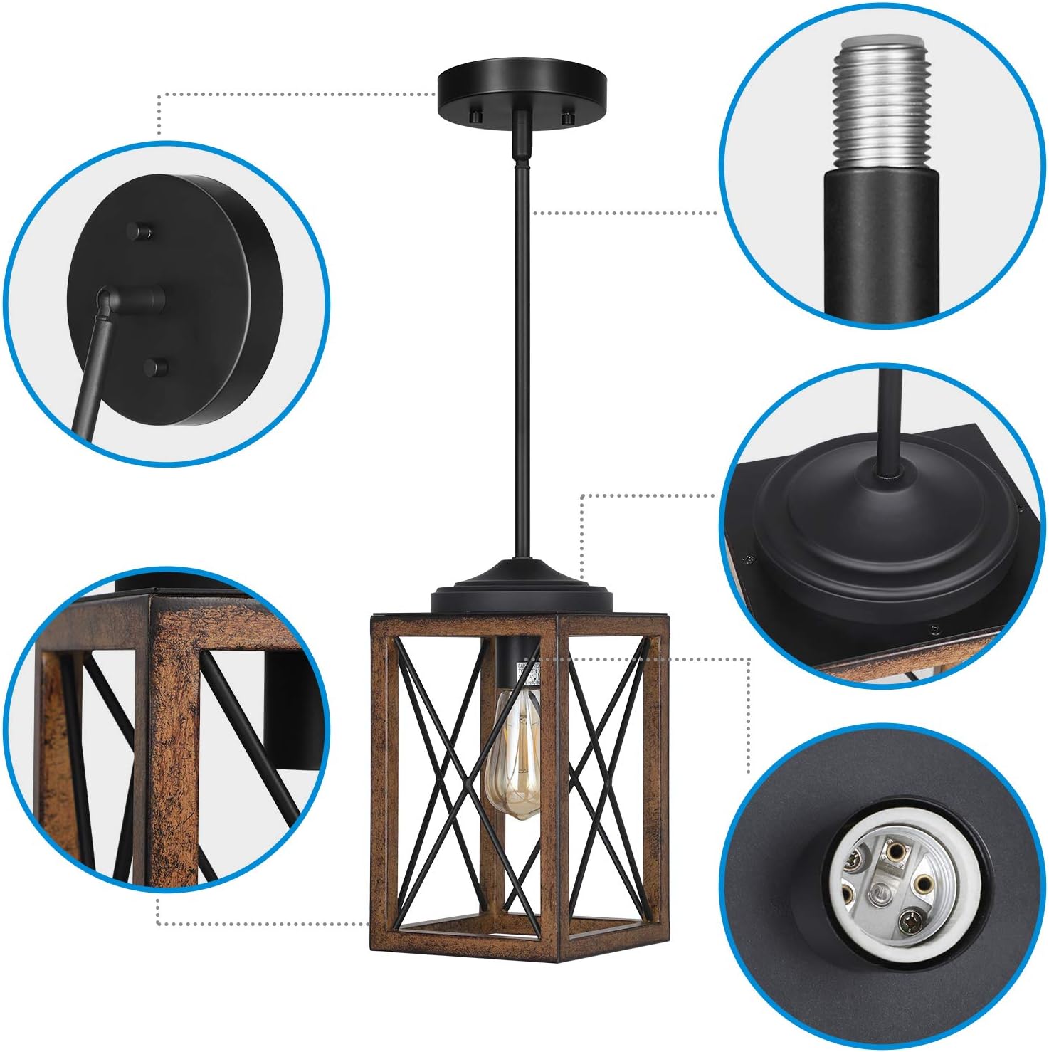 DEWENWILS Farmhouse Pendant Light, Metal Hanging Light Fixture with Wooden Grain Finish, 48 Inch Adjustable Pipes for Flat and Slop Ceiling, Kitchen Island, Bedroom, Dining Hall, E26 Base, ETL Listed - - 