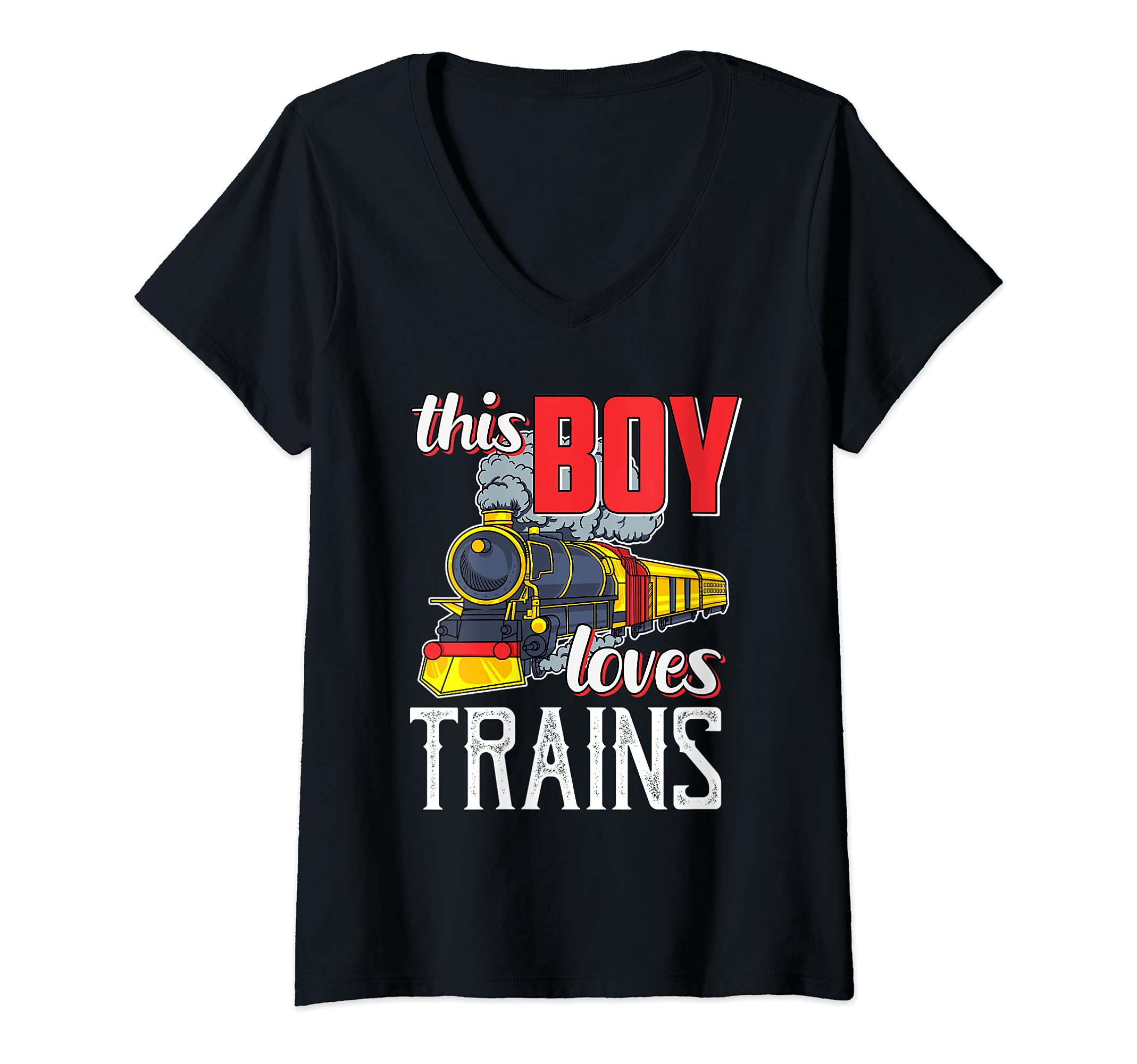 Womens Locomotive Steam Engine Railfan Gift -This Boy Loves Trains V-Neck T-Shirt