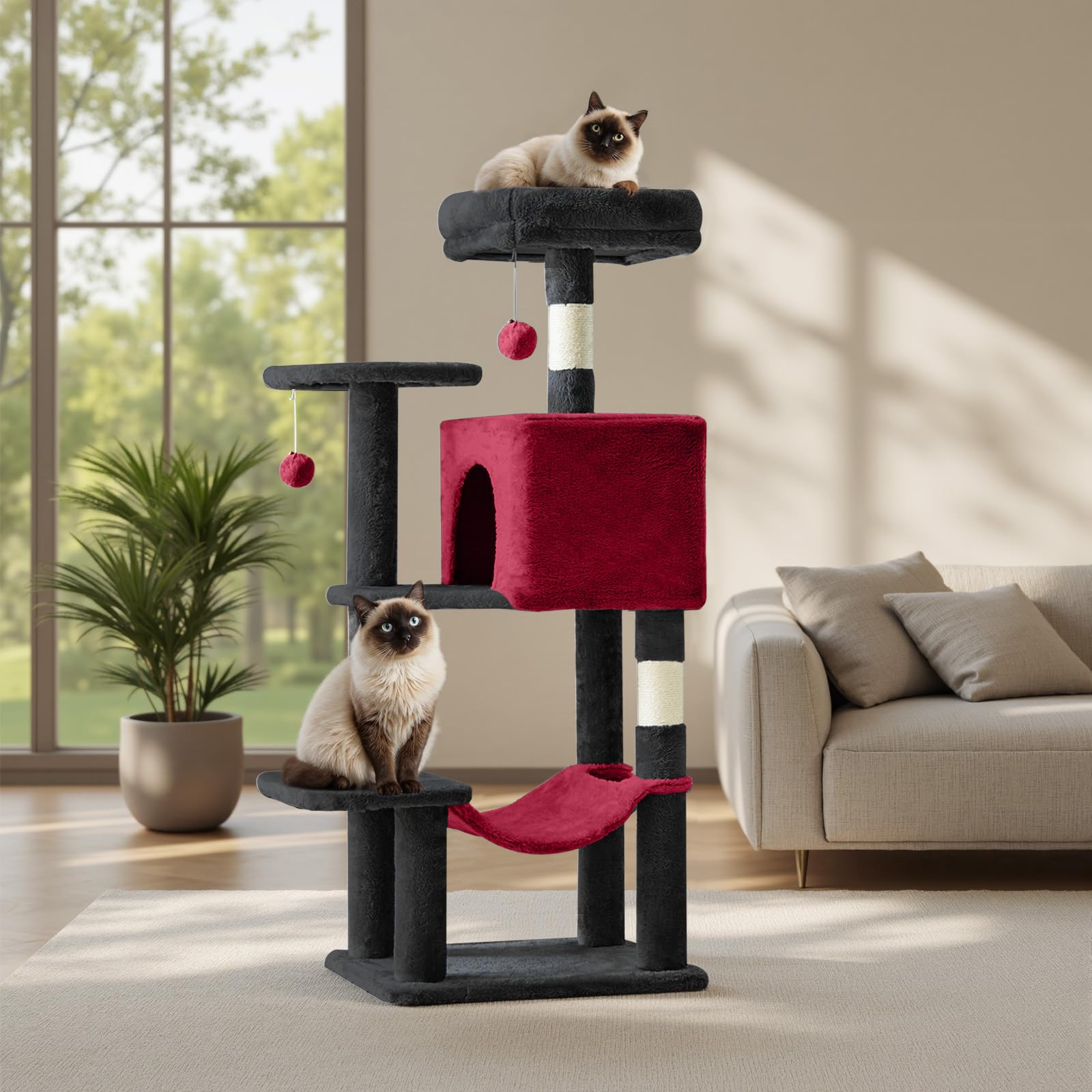 Sweetcrispy 44 Inch Cat Tree Tower, Cat Climbing Tower with Natural Sisal Scratching Posts, Hammock, Pet Condo for Indoor Cats and Kittens Play, Black and Red Image