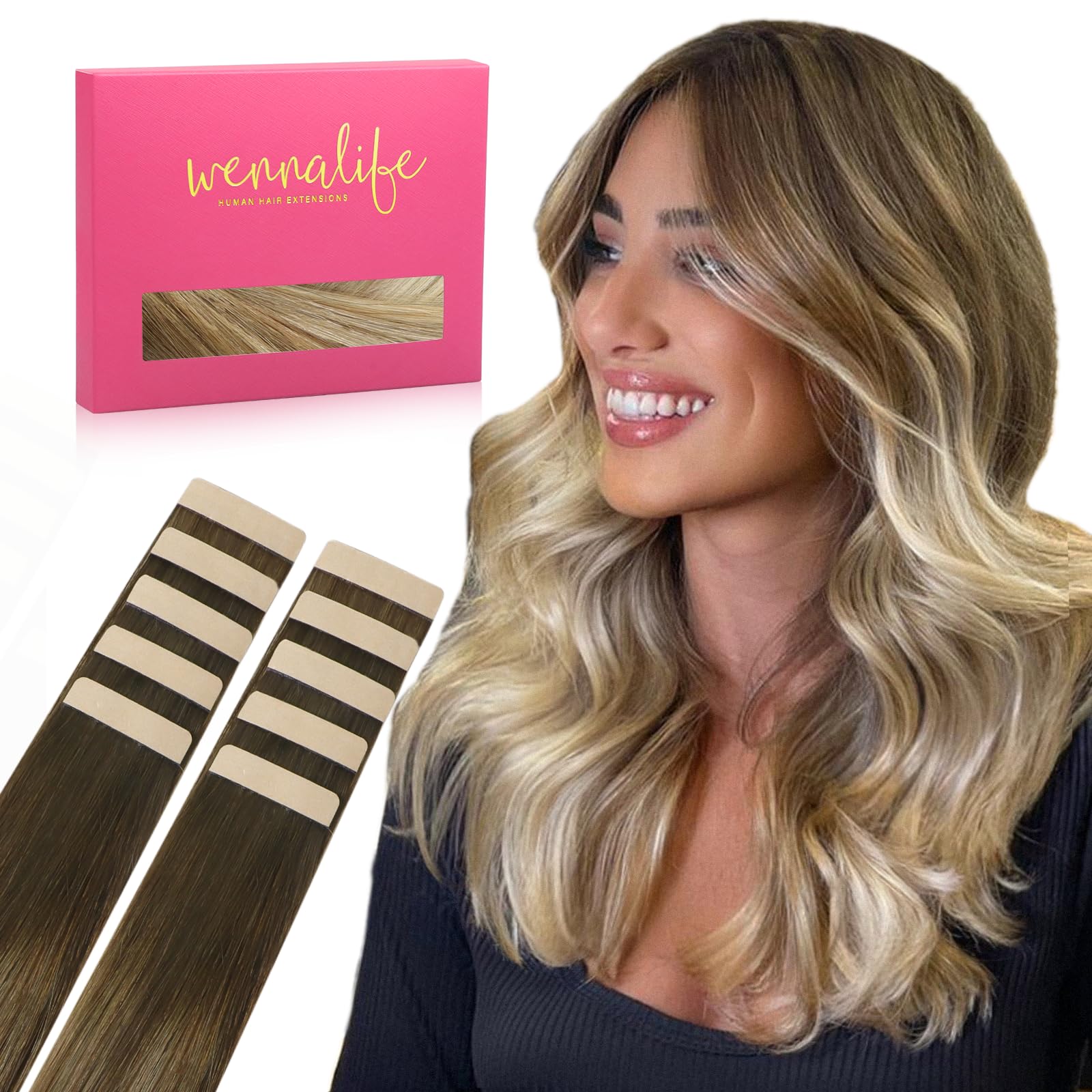 WENNALIFE Tape in Hair Extensions Human Hair, 14inch 10pcs 25 Ombre Walnut Brown to Ash Brown and Bleach Blonde Real Human Hair Tape Extensions — image 1
