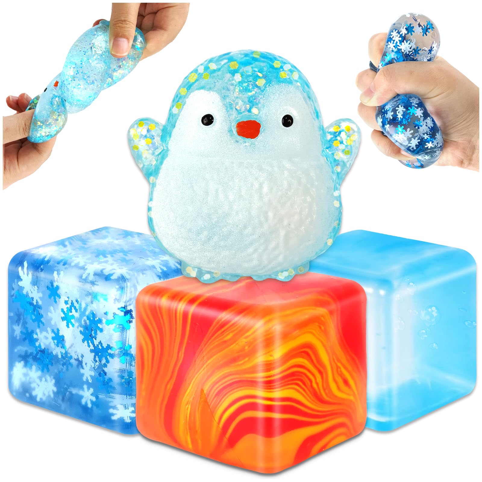 4 Pack Ice Cube Fidget Toys, Squishy Cube Squeeze Toys, Stress Cube, Sensory Stress Relief Toys, Square Stress Balls Squeeze Toys for Kids, Adults and Teens Presents Classroom Prizes