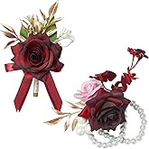 Serwalin Corsage and Boutonniere Set, Burgundy Wrist Corsage for Prom and Boutonniere for Men Wedding Artificial Flowers Rose Flowers for Homecoming Wedding Accessories