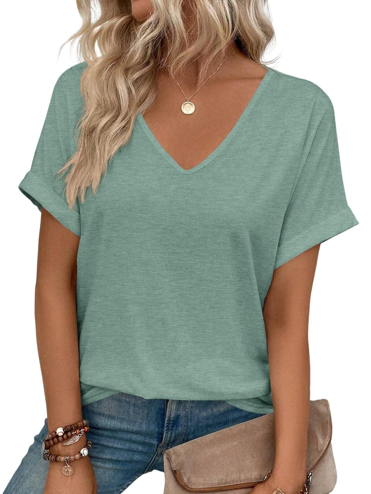 EADINVE Womens V Neck Rolled Sleeve T Shirts Curved Hem Short Sleeve ...
