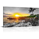 LevvArts Large Size Hawaii Sunset Wall Art Canvas Prints Tropical Beach with Palm Tree Picture Maui Landscape Painting Artwork for Home Living Room Ready to Hang 24"x48"