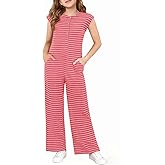 Haloumoning Girls Striped Jumpsuit Kids Summer Cap Sleeve Wide Leg Romper Button Down Outfits 5-14 Years