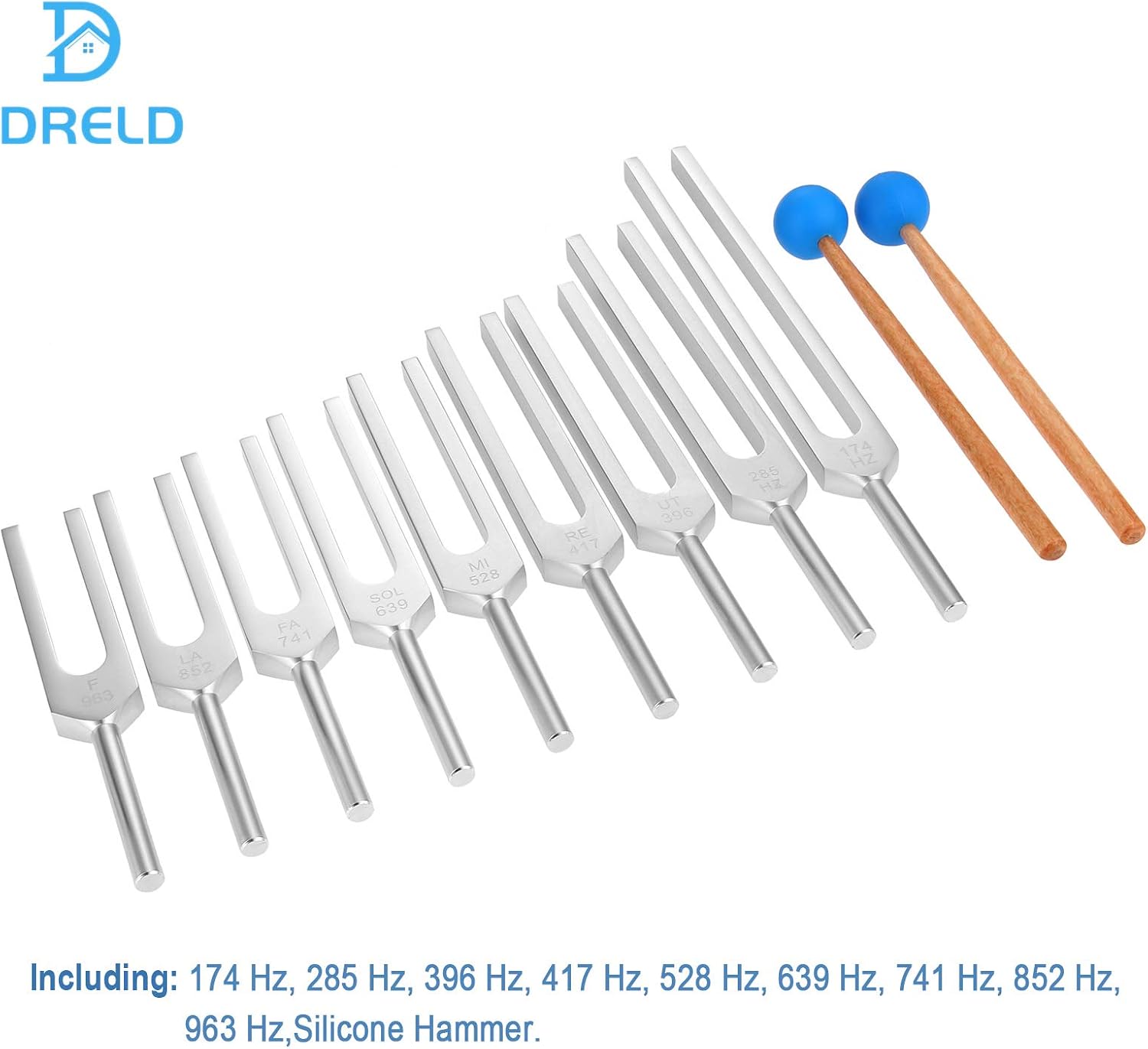 Dreld 9 Solfeggio Tuning Forks Kit, Healing Forks with Silicone Hammer and Bag for DNA Repair Healing Sound Therapy - Image 3