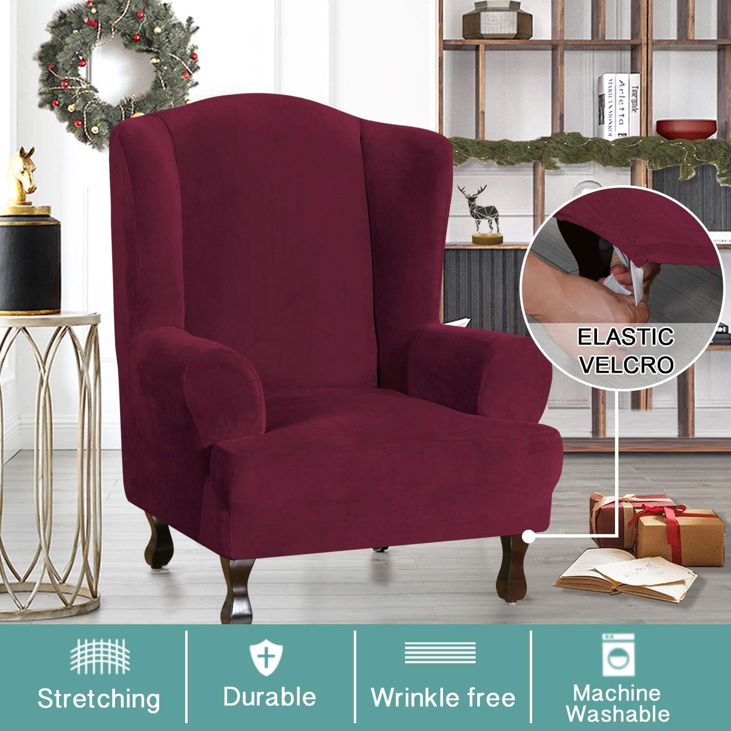 Wing Chair Slipcover Velvet Armchair Chair Slipcovers Ultra Soft Plush Sofa Covers 1-Piece Spandex Fabric Wing Back Wingback Armchair Chair Slipcovers Burgundy: Home & Kitchen