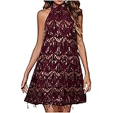 OYOANGLE Women's Sequin Sparkly Cocktail Party Dress Glitter Sleeveless Halter Mini Dress Outfits Clubwear
