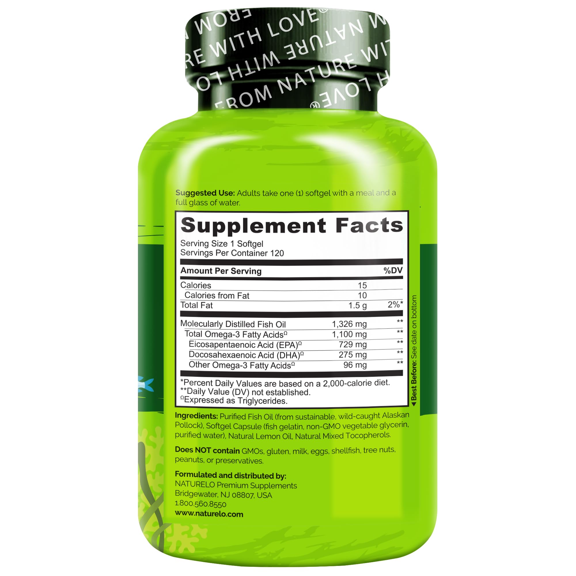 NATURELO Burpless Omega 3 Fish Oil Supplement - 1100mg Triglyceride Omega-3, EPA + DHA, Liquid Fish Oil for Heart, Eye, Brain, Joint Health - 120 Softgels, 4 Months Supply