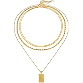 Evabelle Gold Layered Necklace for Women Trendy Jewelry 14K Real Gold Plated Chunky Chain Stackable Necklaces Dainty Choker Necklaces Rectangle Square Pendant