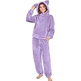 COZYPOIN Women's Fuzzy Pajamas Sets Hooded Bear Ear Fluffy Fleece Loungewear Sleep Pullover Top Pants 2 Piece Outfits Pockets