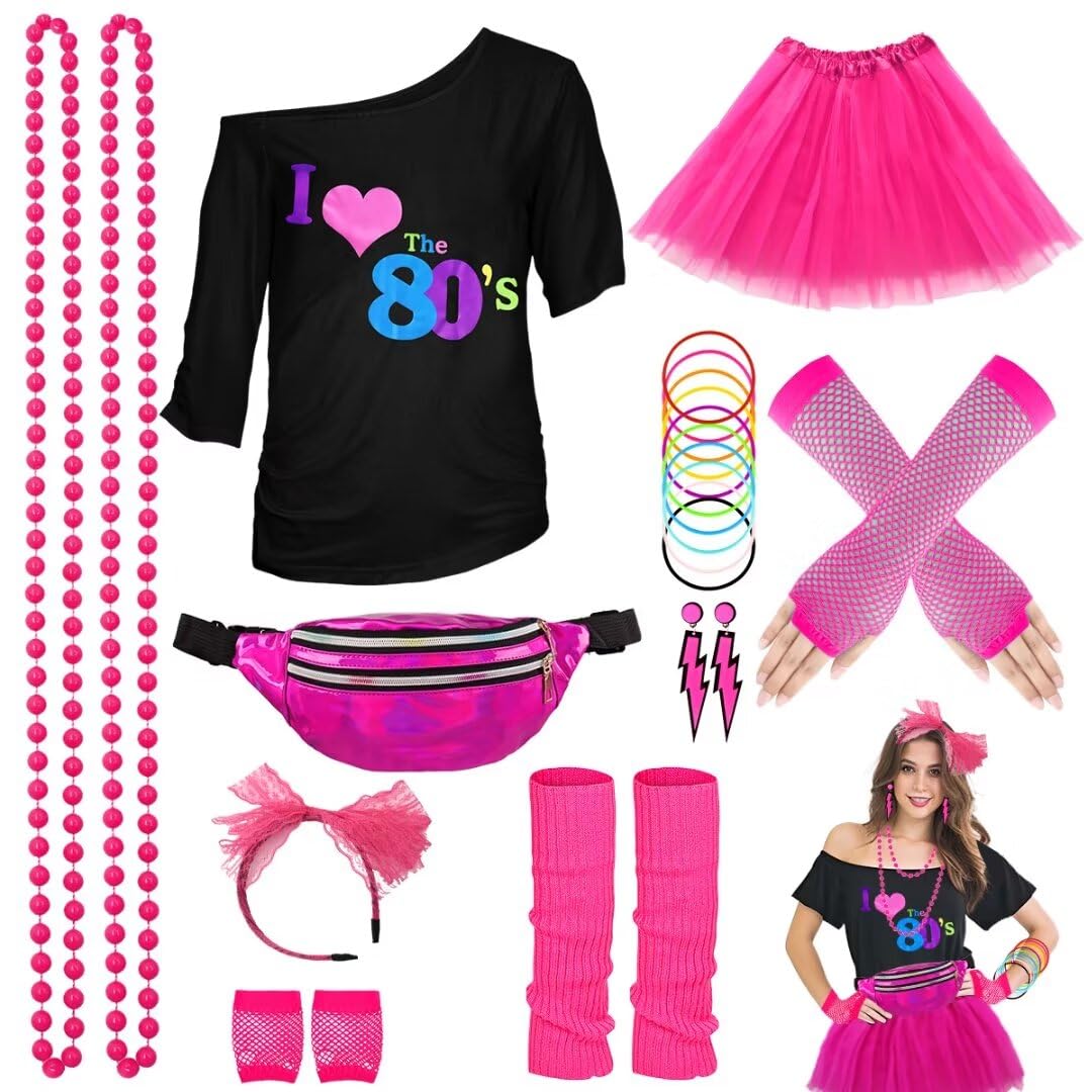 WILDPARTY 80s Fancy Dress For Women, I Love 80s T-Shirt, Tutu Skirt, Leg Warmers, Necklace, Fishnet Gloves, Earrings, 1980s Costumes Neon Accessories for Retro Theme Party Cosplay — image 1