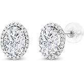 Gem Stone King 10K White Gold Moissanite and White Diamond Halo Stud Earrings For Women | 2.14 Cttw | Gemstone Birthstone | Oval 7X5MM