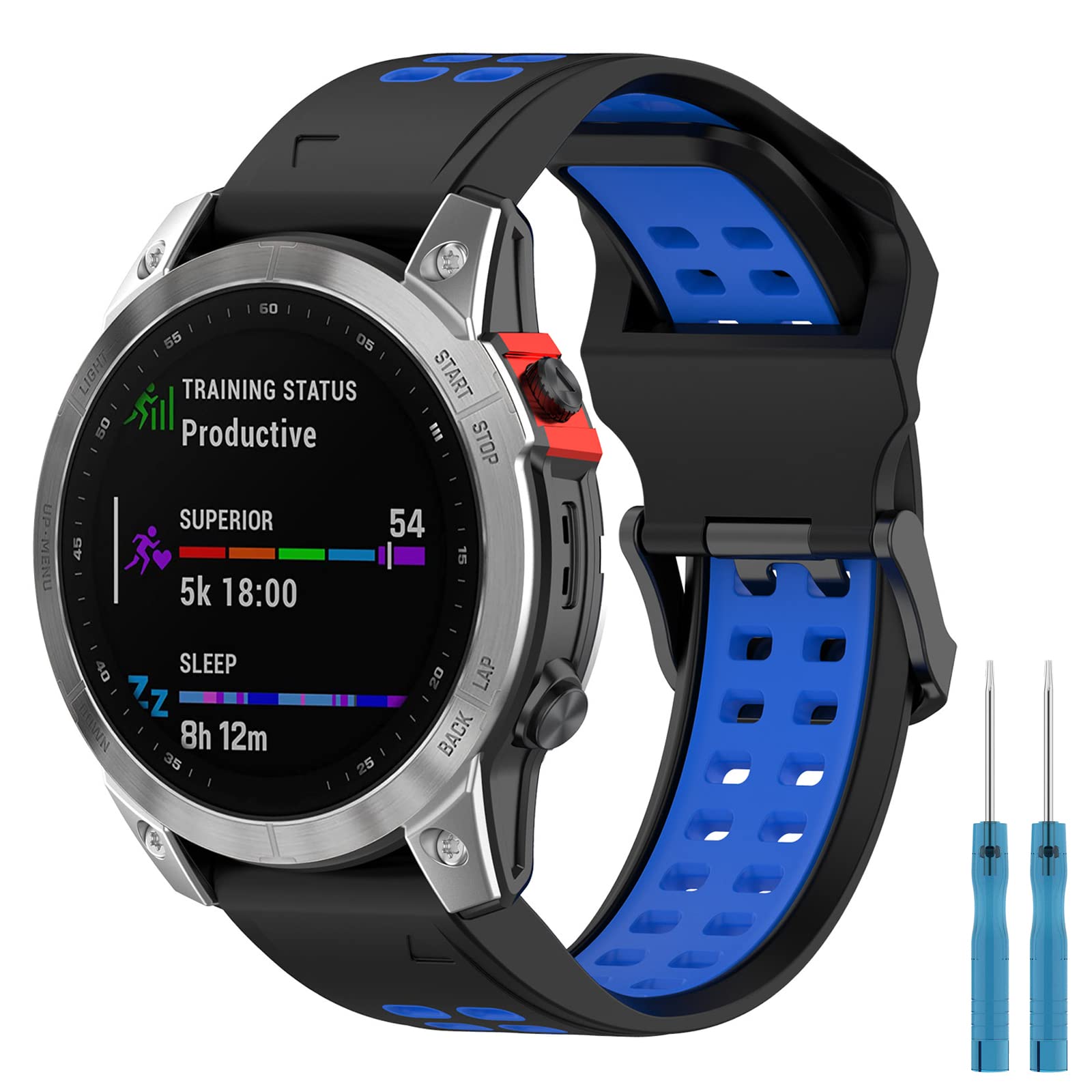 Miimall 26mm Silicone Band for Garmin Fenix 7X/6X/5X, 7X Solar/ 7X Sapphire /6X Pro/6X Sapphire/5X Sapphire/5X Plus/Fenix 3/3 HR, Replacement Sports Strap for Descent MK1/MK2/MK2i -Black+Blue