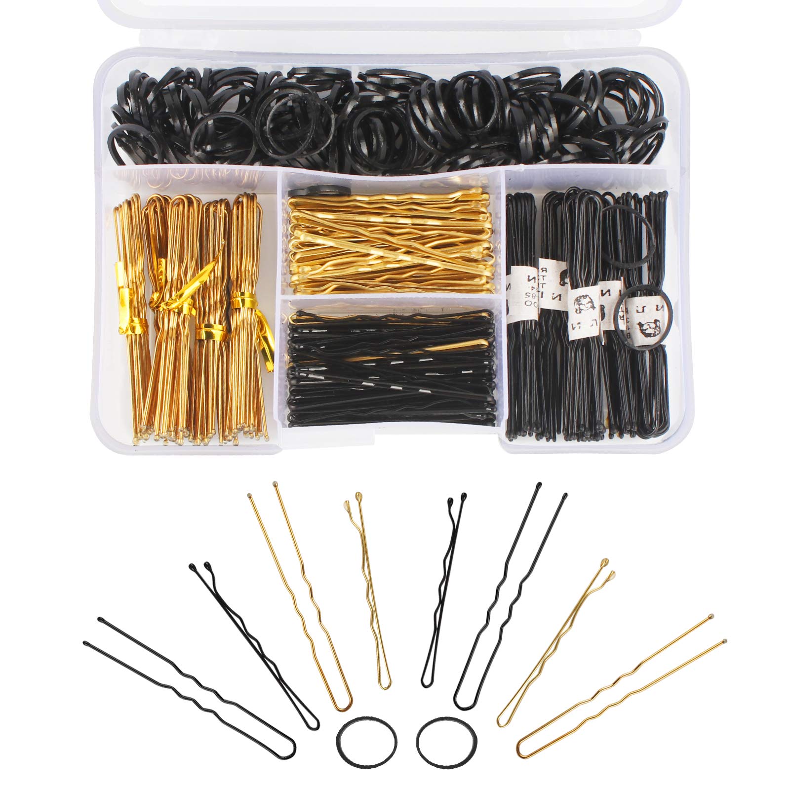 Dadabig 320 PCS Hair Pins Kit, 100 Pieces Bobby Pins and 100 Pieces U Hair Pins and 120 Pieces Rubber Hair Bands with Clear Storage Box for Girls Women, Gold and Black
