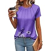 Zeagoo Womens Casual T Shirts for Summer 2025 Short Sleeve Crewneck Tunic Shirts Floral Print Tops Pleated Dressy Blouse