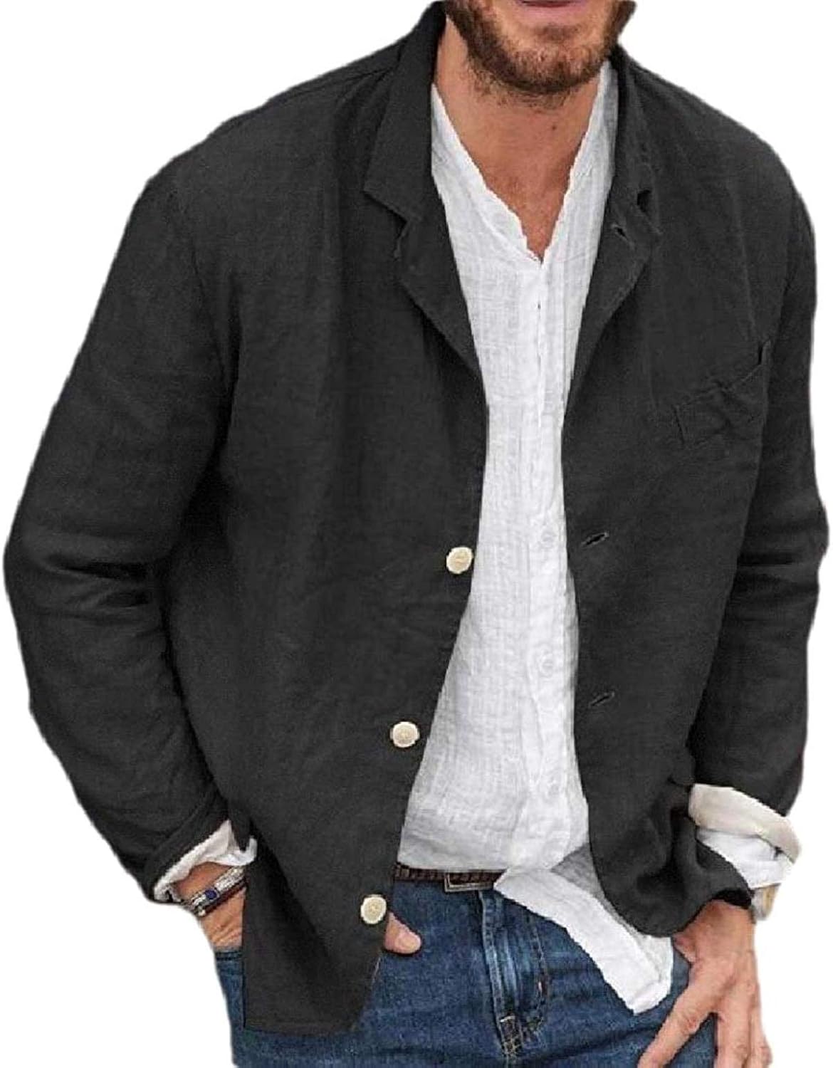 Men's 3 Buttons Relaxed Fit Cotton Linen Solid Color Casual Dress