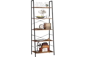 Yusong Ladder Bookshelf, BooksShelf Ladder Shelf, 5-Tier Bookcase for Bedroom, Industrial Book Shelves Storage Rack with Metal Frame for Home Office, Rustic Brown