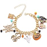 Nojess Halloween Bracelets Chunky Gold Link Pumpkin Skull Ghost Spider Cat Trick or Treat Charm Bracelet Halloween Holiday Party Gifts