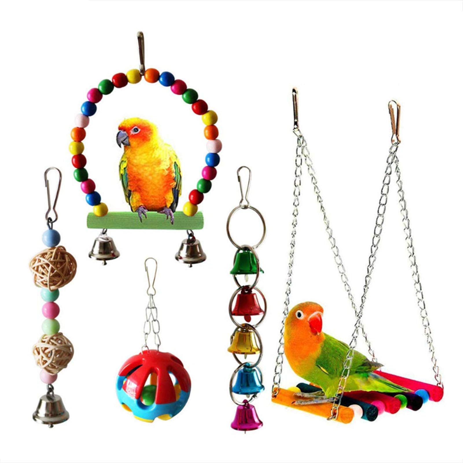 ANTOLE 5-Piece Parrot Cage Set - Swing Bell, String Rattan Ball, Chew Toy, Bite String for Birds