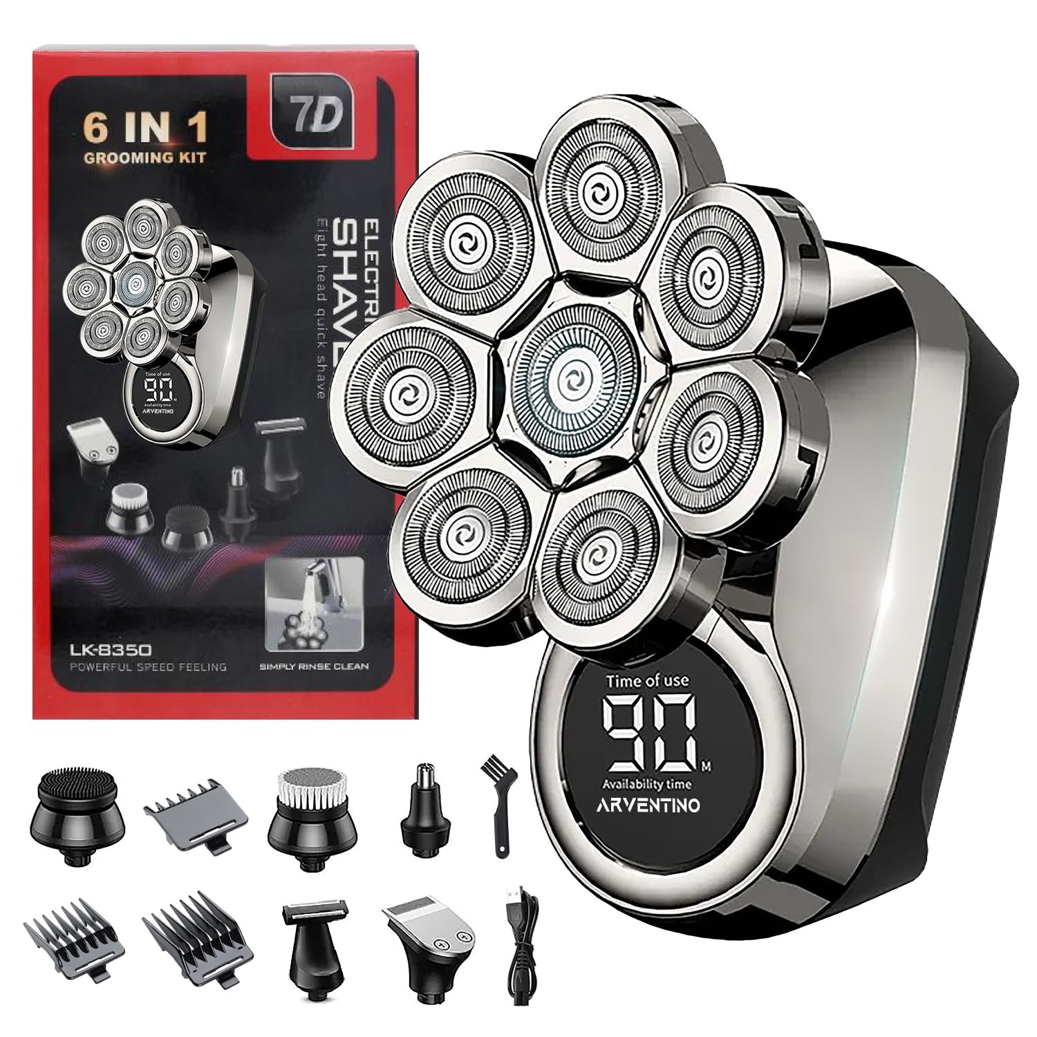 ARVENTINO Electric Head Shavers for Men - 8D Upgraded 6-in-1 Bald Head Shaver - IPX6 Waterproof Electric Razor Grooming Kit with LED Display, Cordless, Portable
