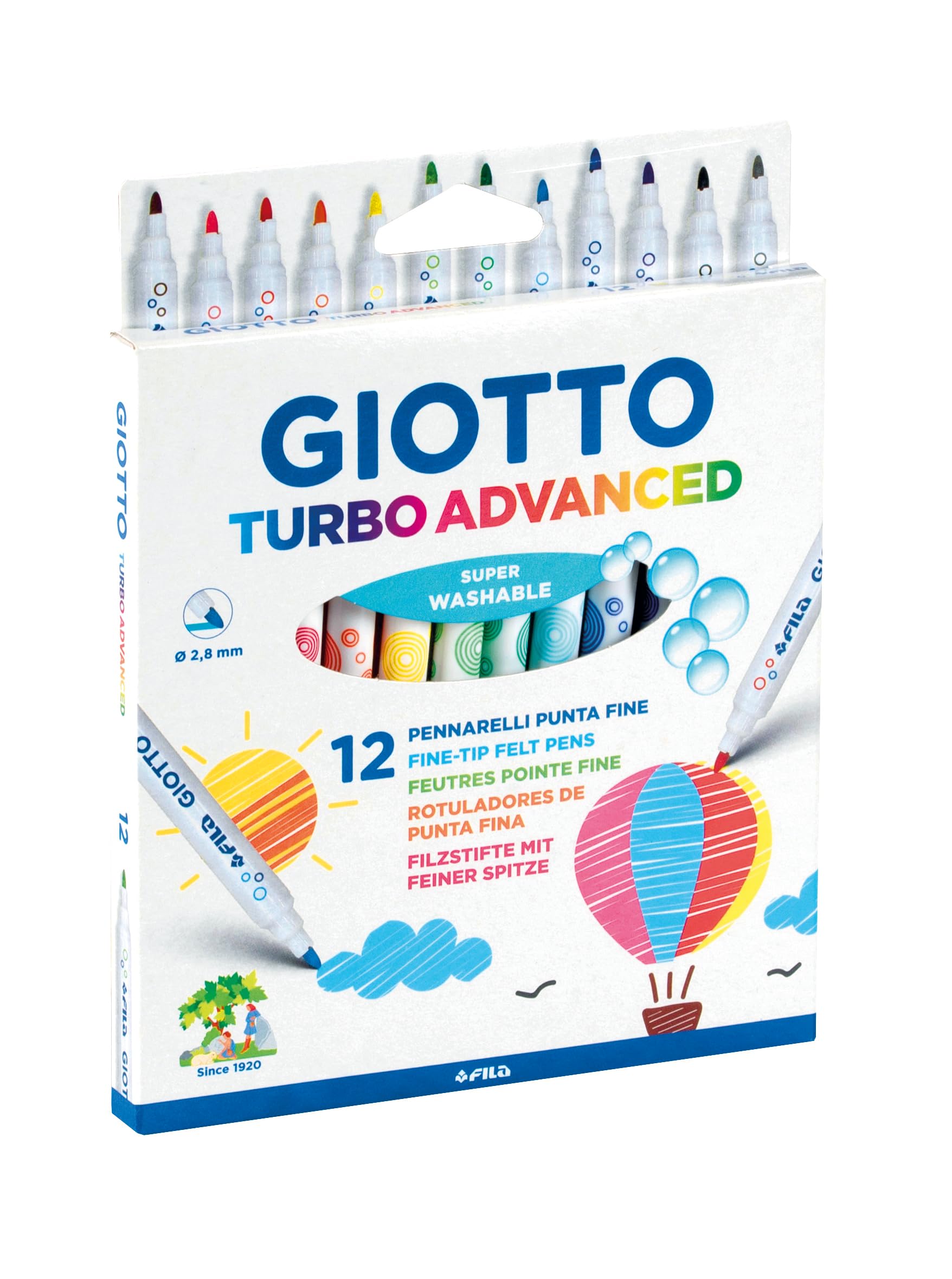 GIOTTO Turbo Advanced Super Washable Felt Tip Fibre Pens, Fine Tip Nib 2.8mm, 12 Assorted Colours, For Children, Parties and Schools