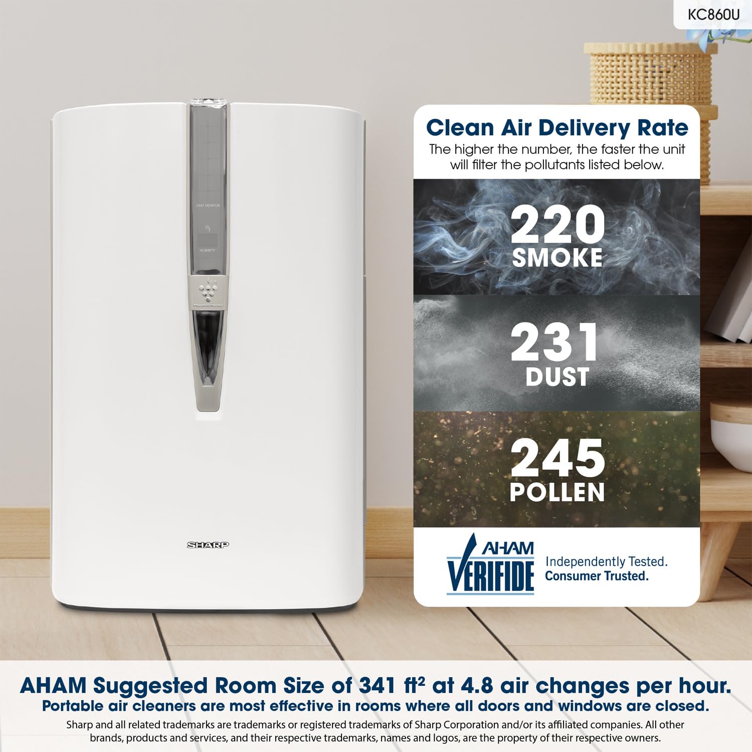 SHARP Air Purifier and Humidifier. Plasmacluster Ion Technology and Triple Filtration, including True HEPA Filter. Covers up to 1,650 sq. ft. for Large Rooms, for Dust, Smoke, and Pollen. KC860U
