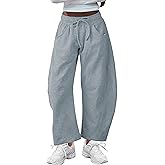 Hongsui Women's Barrel Leg Pants Elasticated Waistband Soft Wide Leg Pants with Pockets Casual Sweatpants