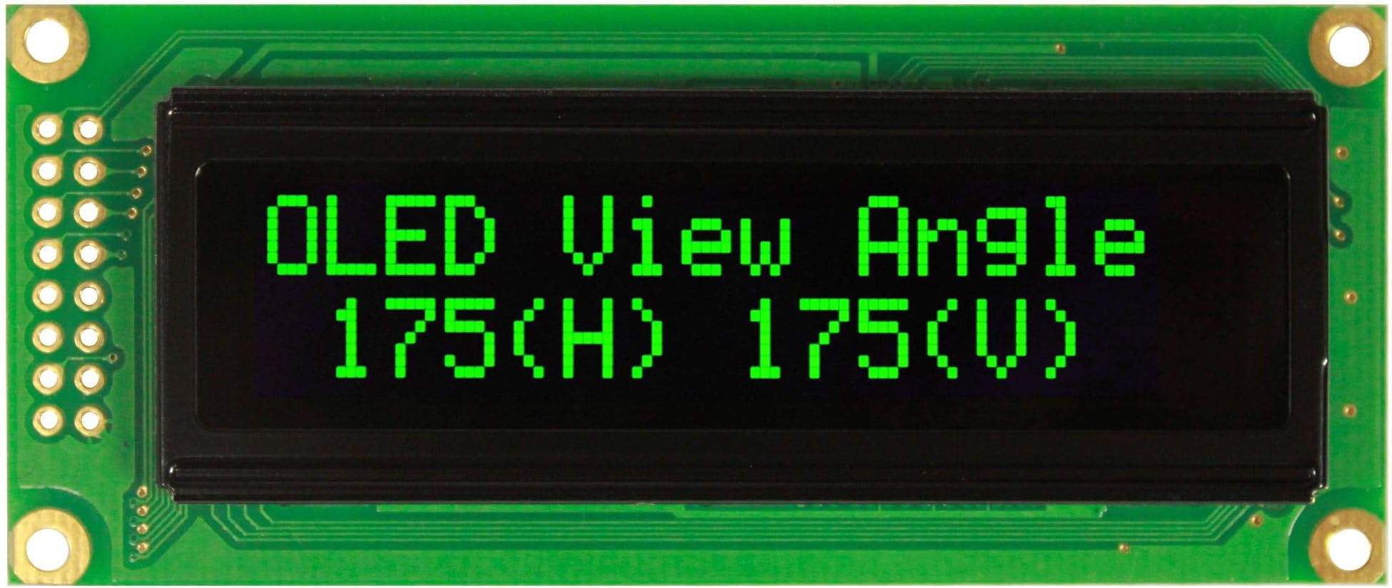 VISHAY O016N002CGPP5N0000 Alphanumeric OLED, 16 x 2, Green on Black, 5V, Parallel, SPI, English, Cyrillic, Euro, Japanese