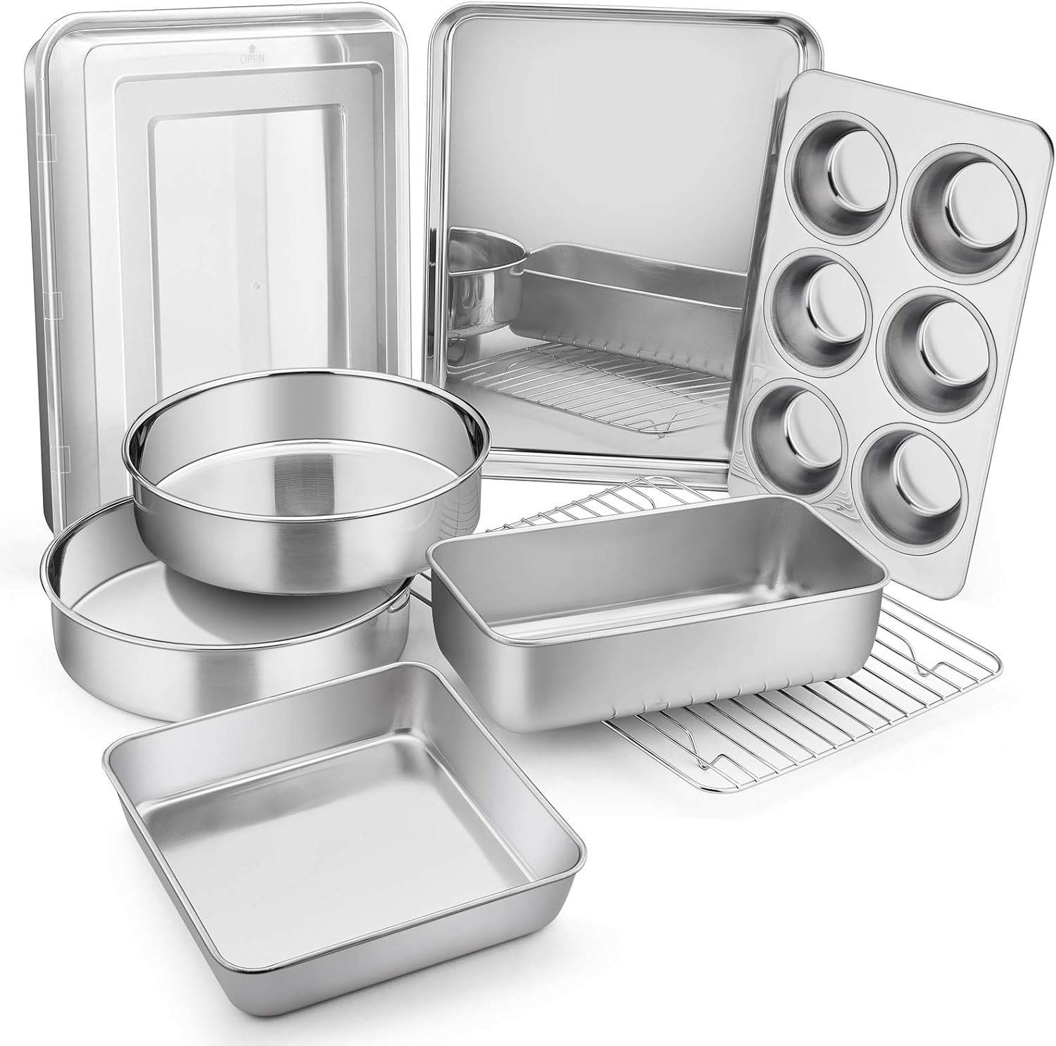 9-Piece Stainless Steel Bakeware Sets, E-far Metal Baking Pan Set Include Round/Square Cake Pans, Rectangle Baking Pan with Lid, Loaf Pan, Muffin Pan, Cookie Sheet with Rack, Dishwasher Safe: Kitchen & Dining