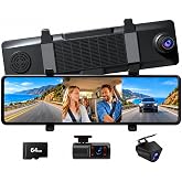 3 Channel 4K Mirror Dash Cam, 12" Rear View Drive Recorder 5.8GHz WiFi | 1080P Inside &amp; Rear, G-Sensor, Loop Recording, Motion Detection, Reverse Assist, Night Vision Parking Monitor, 64GB Card