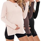 3 Pack Women Maternity Shirts Long Sleeve Pregnancy Tops with Thumb Hole | Loose Fit Maternity T-shirts, Lightweight Side Slit Postpartum Blouse, Basic Round Neck Workout Tunic, Best Gift for Mom