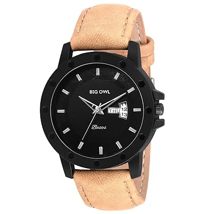 Leather Strap Analogue Black Dial Men and Boys Wrist Watch