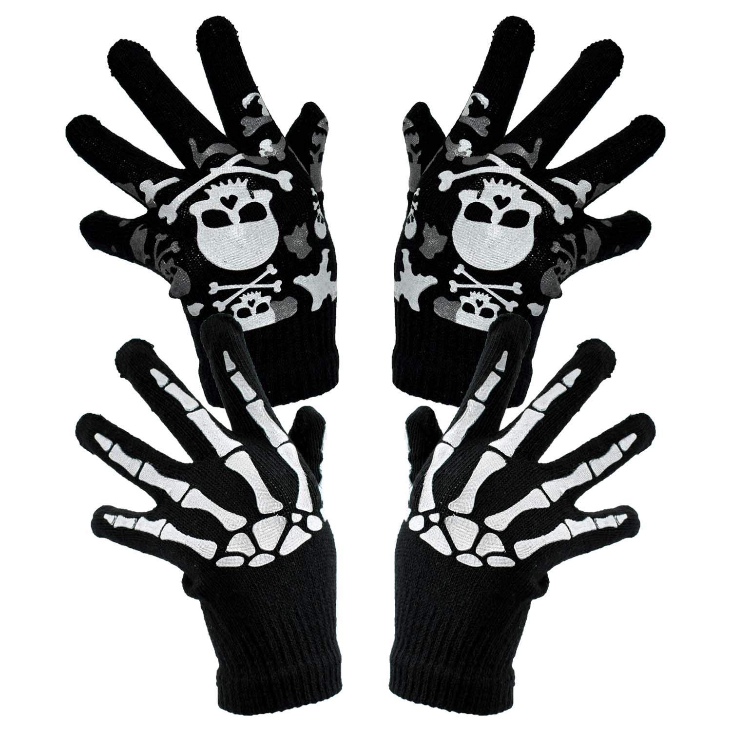 Basic Sense 2 Pairs Skeleton Skull Full Finger Gloves Kids Teens Fancy Costume Accessory Winter Sports Warm Knit Glove
