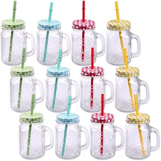 Schramm® 12er Pack Trinkgläser mit Deckel, Henkel und Strohhalm Trinkhalm Glas Gläser Trinkglas Cocktail 500ml Drinking Jar Vintage Retro Garten Terrasse