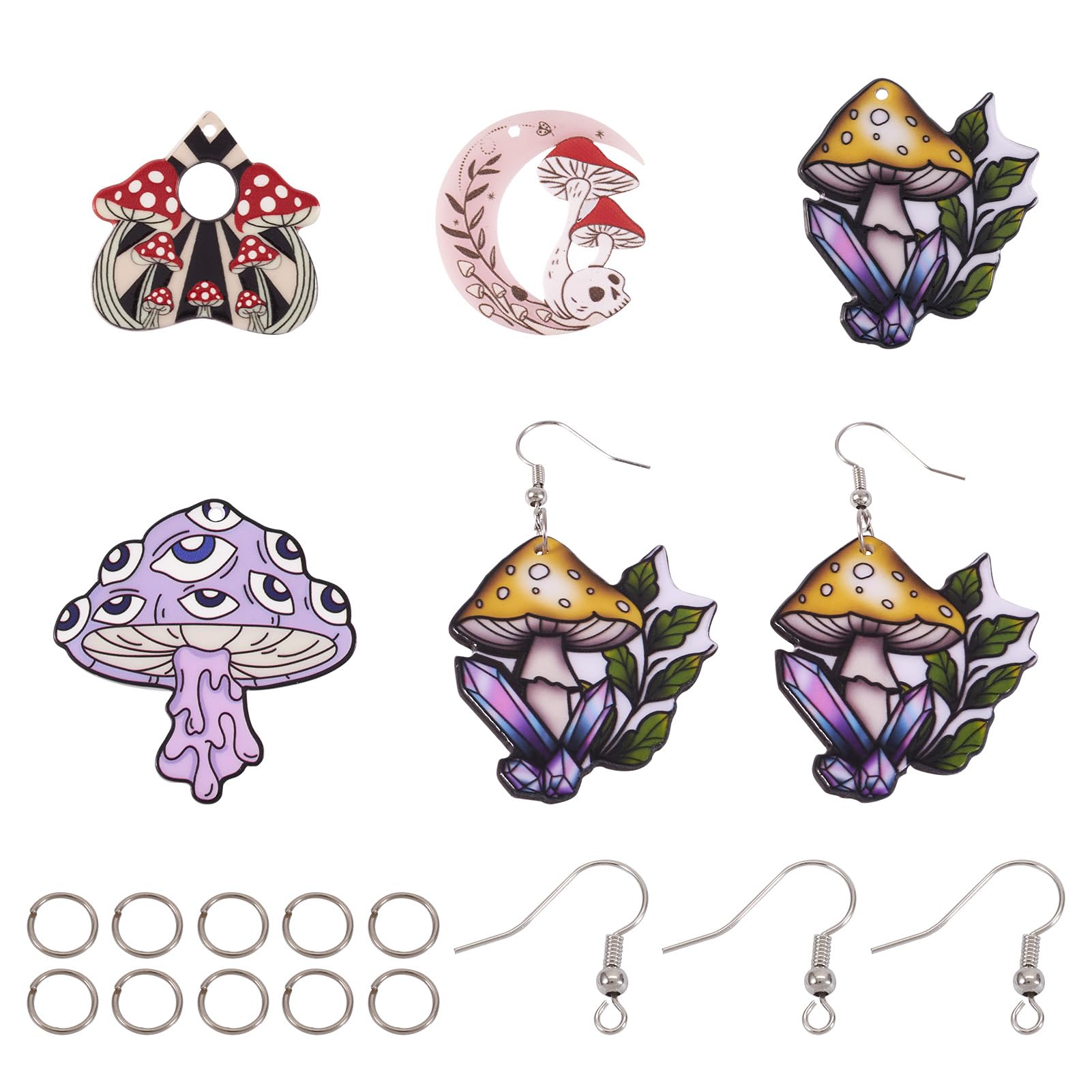 Crafans 8Pcs Cartoon Mushroom Acrylic Dangle Charms Mushroom with Skull Jewelry Making Kits Mushroom with Eye for DIY Necklace Earring Crafting Jewelry Making