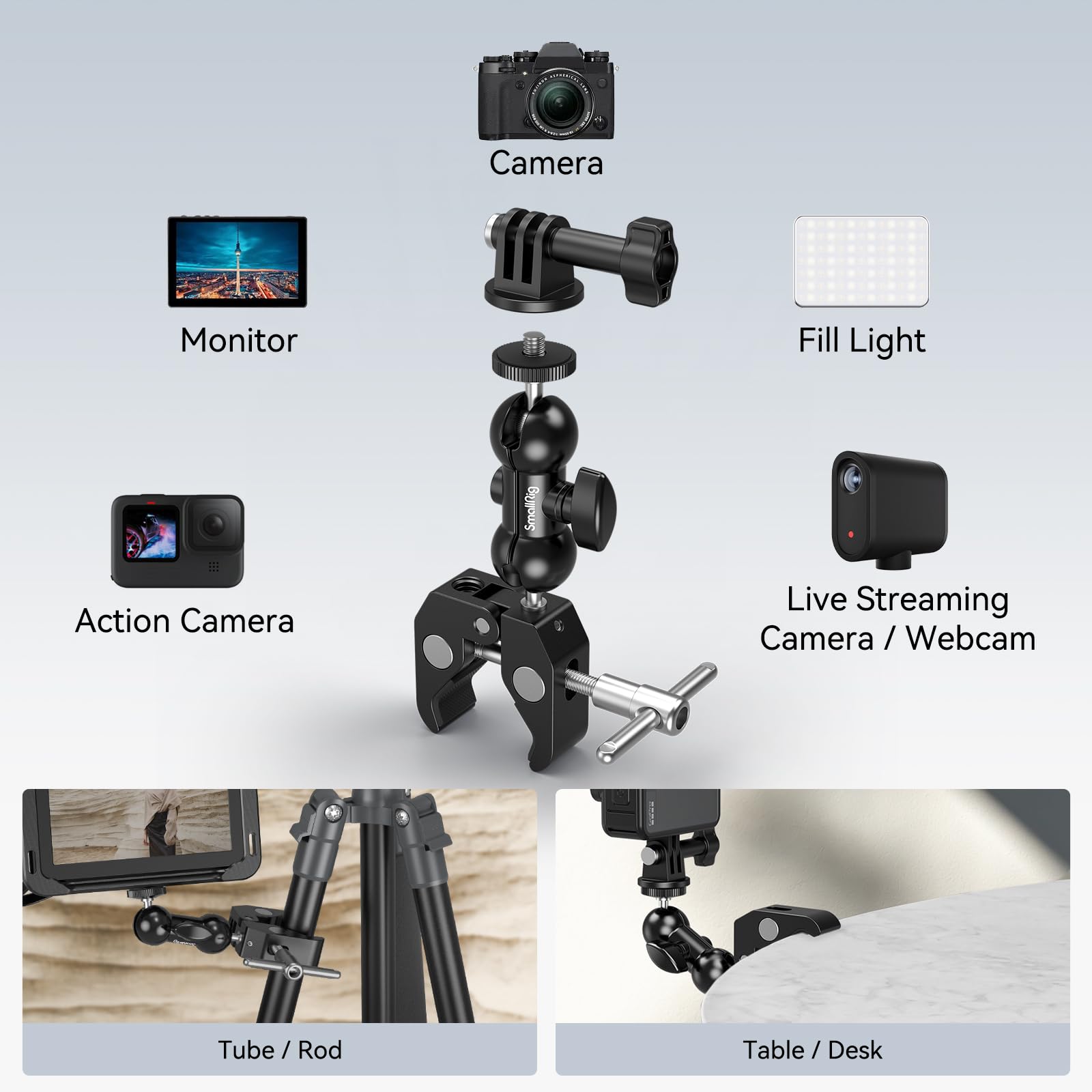 SMALLRIG Super Camera Clamp Mount, Double Ball Head Magic Arm Adapter, Fence/Desk/Tripod Mount for Monitor/Light/Camera, for Insta360, for Gopro
