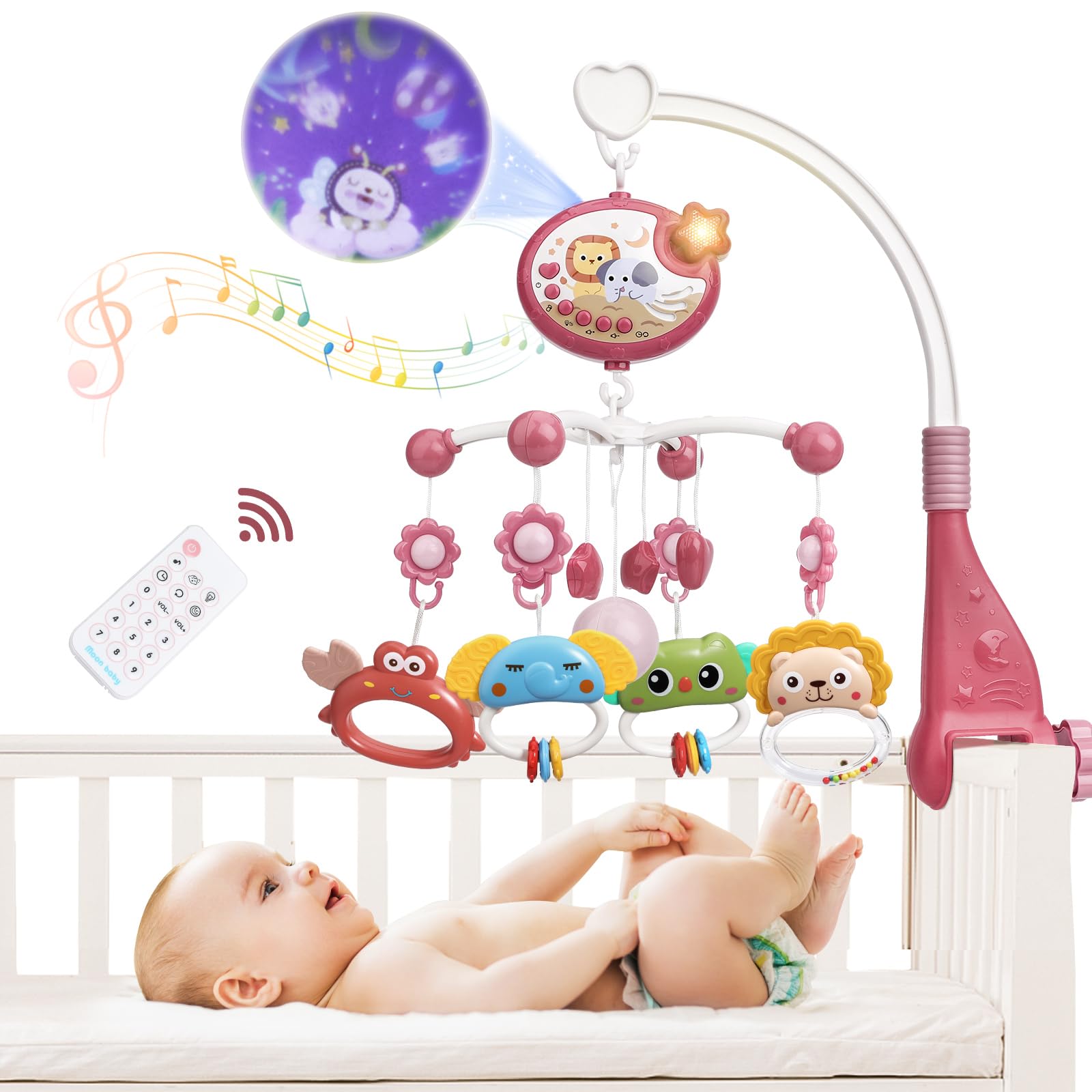 Mini Tudou Remote Control Baby Crib Mobile with Star Projection & Timing Function,Musical Mobile with Melodies & Night Lights,Hanging Rotating Animal Rattles,Toy for Newborn Sleep 0 1 2 3 4 5 6 Months