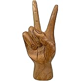Zeckos Hand-Carved Peace Sign Hand Gesture Statue - Natural Finish Boho Tabletop Decor Accent, Standing 7.75 Inches High - Great for Bedrooms, Bathrooms and Dorms