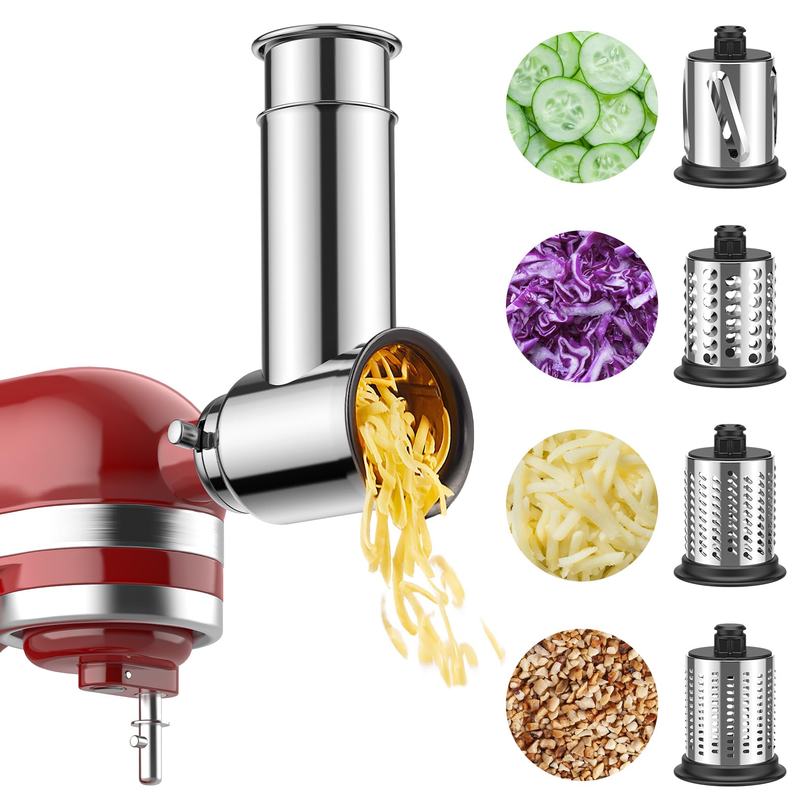 Stainless Steel Slicer Shredder & Cheese Grater Attachment for Kitchenaid Stnad Mixer - 4 Blades Salad Maker with Grinding Powder Function by FGREEBLE