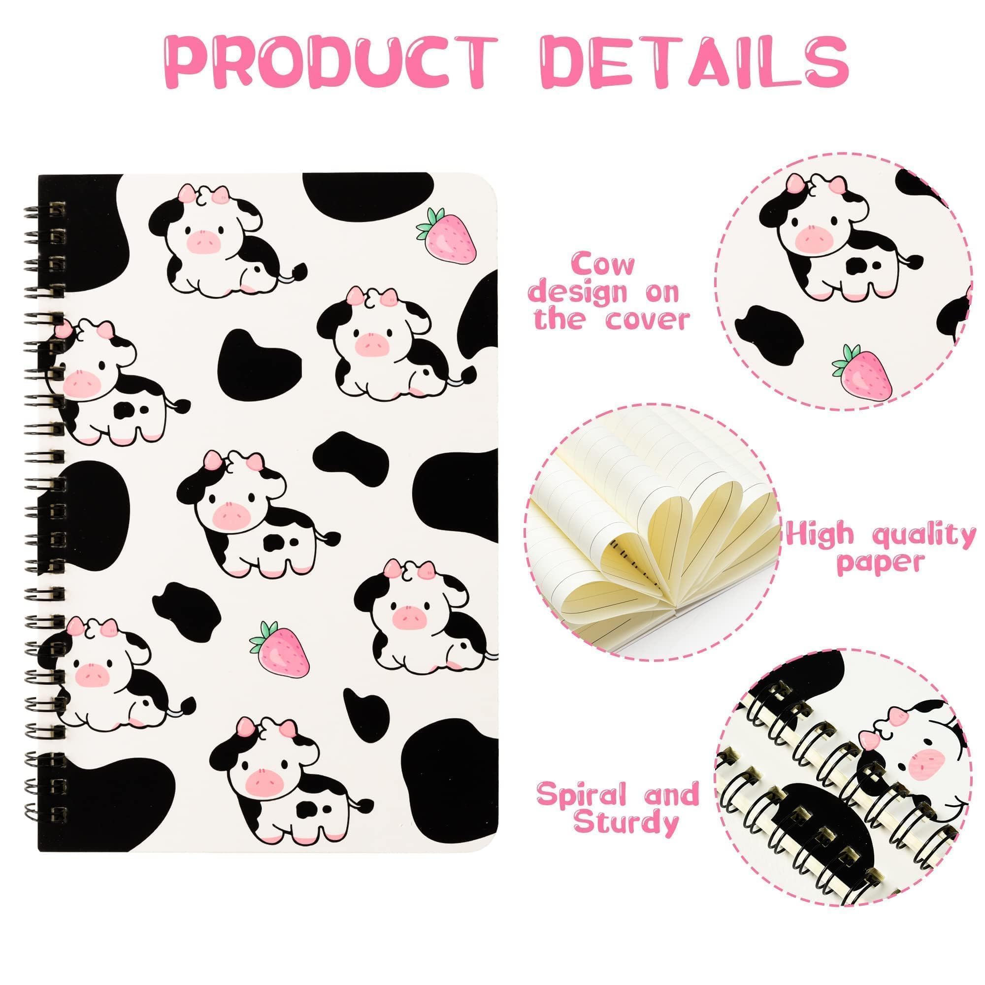 L1rabe 2P A5 Cow Spiral Notebooks Christmas Gift Cute Funny College Ruled Lined Notepads Hardbound Spiral Exercise Book for Students Teachers Travel Journal Diary Winter Birthday Gift (Strawberry Cow)
