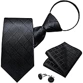 DiBanGu Silk Zipper Ties for Men,Paisley Solid Plaid Pre-tied Tie and Pocket Square Cufflinks Set Formal Adjustable Necktie