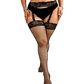 Quilax Thigh High Stockings Plus Size, Lace Top Plus Size Fishnet Stockings for Women,Suspender Pantyhose Thigh Highs Fishnet