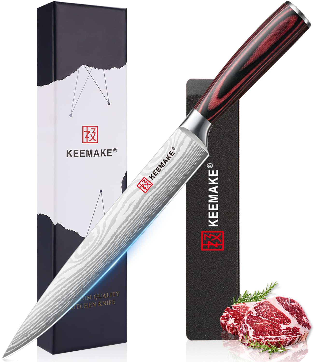 KEEMAKE Scharf Fleischmesser 20cm - Profi Kochmesser Küchenmesser aus Edel-Stahl, Tranchiermesser Schinkenmesser mit ergonomischem Pakkaholz-Griff, Allzweck Grillmesser Chef Knife, Vatertagsgeschenk