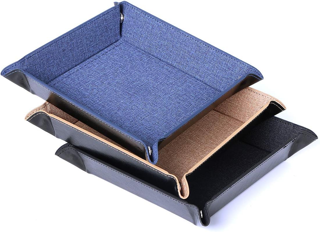 Fvstar 3pcs Valet Tray Folding Dice Organizer PU Leather Desktop Bedside Clutter Storage Plate for Key Coin Phone Jewelry Wallet Watches (Navy Blue,Black,Khaki)