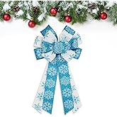 Estivaux Large Christmas Bows for Wreath, Merry Christmas Wreath Bows White Blue Burlap Bow Winter Holiday Snowflake Craft Ribbon Bow Xmas Tree Bows for Front Door Christmas New Year Decorations